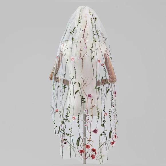 Wildflower Embroidered Veil - 63inches in Length - Picture 1 of 14